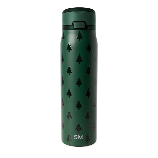 Sage green water bottle with black silhouette tree patterns and black lid Sage green water bottle with black silhouette tree patterns and black lid
