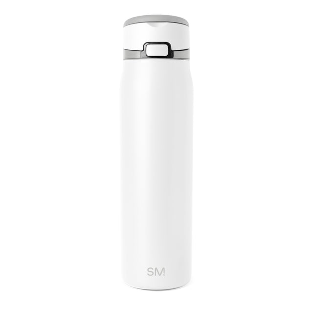 White insulated water bottle with silver-gray metallic lid and accents on light gray background White insulated water bottle with silver-gray metallic lid and accents on light gray background