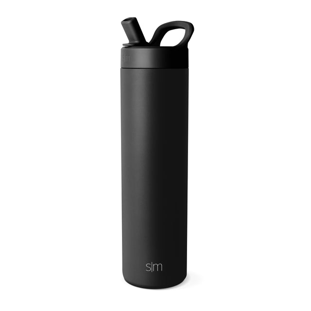 Matte black water bottle with charcoal gray tones, featuring a black lid and spout, displayed against a dark background. Matte black water bottle with charcoal gray tones, featuring a black lid and spout, displayed against a dark background.