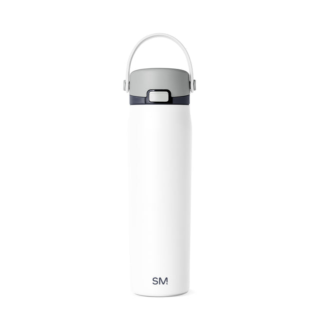 White water bottle with soft gray lid and carrying handle on light gray background White water bottle with soft gray lid and carrying handle on light gray background