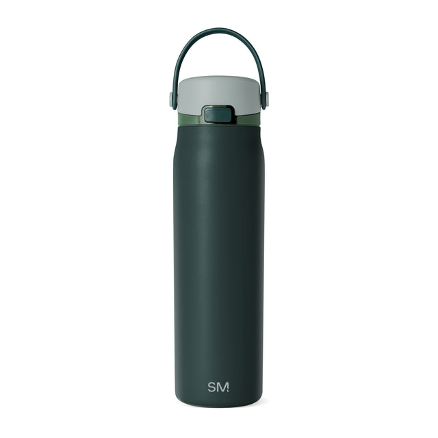 Deep forest green cylindrical water bottle with light sage gray top and cap, SM Summit brand design for hydration and outdoor use. Deep forest green cylindrical water bottle with light sage gray top and cap, SM Summit brand design for hydration and outdoor use.