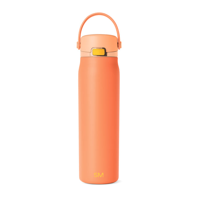 Tall cylindrical coral-orange stainless steel water bottle with sleek modern design and tapered profile, displayed against a neutral background. Tall cylindrical coral-orange stainless steel water bottle with sleek modern design and tapered profile, displayed against a neutral background.