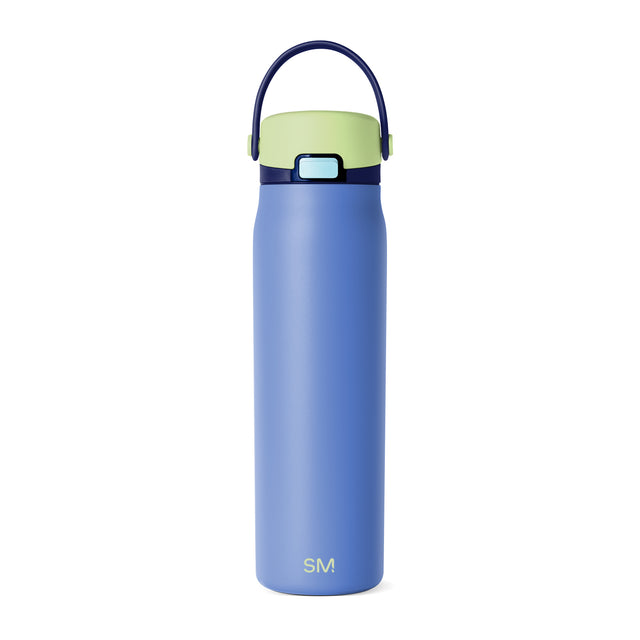 Periwinkle blue water bottle with sage green lid and dark navy blue band around the middle section Periwinkle blue water bottle with sage green lid and dark navy blue band around the middle section