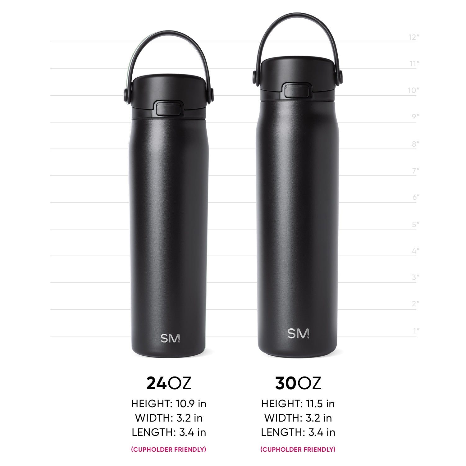 Two sizes of Mesa Sport water bottles - 24oz and 30oz - with dimensions of each