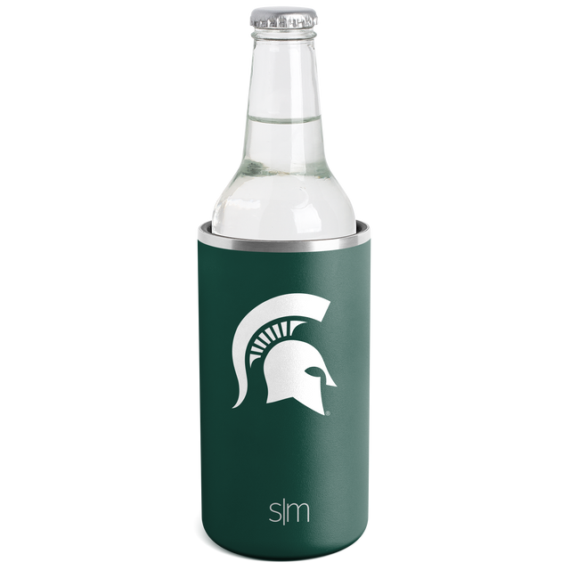 Clear liquid glass bottle in deep forest green neoprene sleeve with brushed texture and metallic silver trim band Clear liquid glass bottle in deep forest green neoprene sleeve with brushed texture and metallic silver trim band