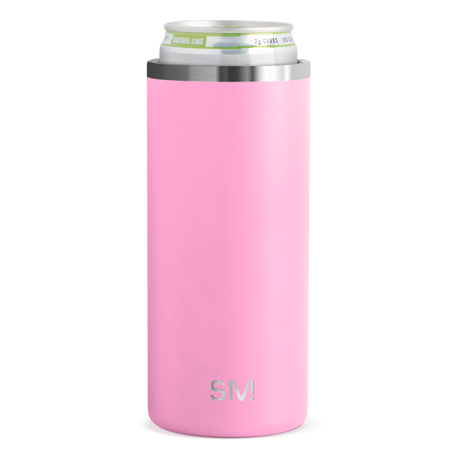 Bright pink slim cylindrical drink holder with brushed stainless steel rim bands on top and bottom edges Bright pink slim cylindrical drink holder with brushed stainless steel rim bands on top and bottom edges