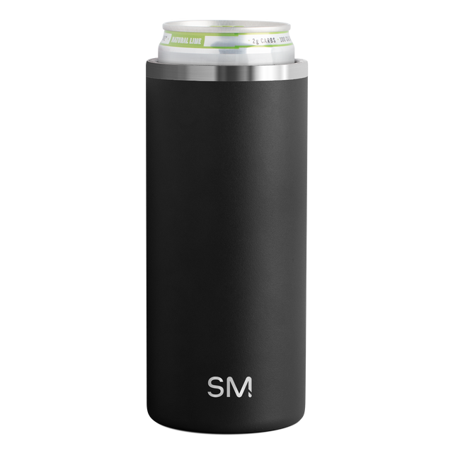 Matte black can cooler with textured finish and brushed stainless steel rim Matte black can cooler with textured finish and brushed stainless steel rim