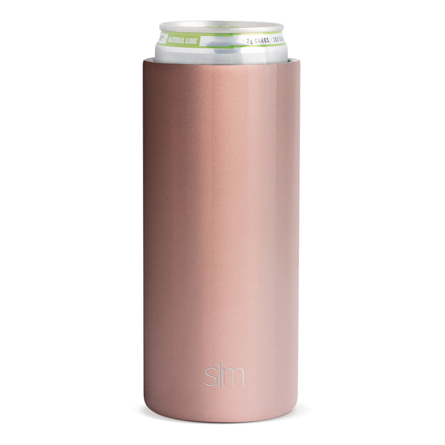 Cylindrical beverage can with dusty rose mauve pink sleeve, white background, and bright lime green accents Cylindrical beverage can with dusty rose mauve pink sleeve, white background, and bright lime green accents