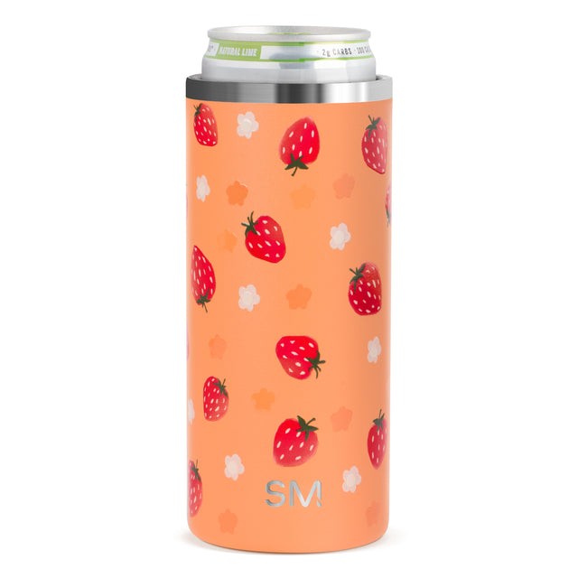 Stainless steel slim ranger insulated can cooler with orange outer wrap and red repeating pattern on white background Stainless steel slim ranger insulated can cooler with orange outer wrap and red repeating pattern on white background