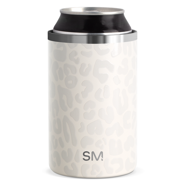 Cream and stainless steel cylindrical beverage insulator with black accents on white background Cream and stainless steel cylindrical beverage insulator with black accents on white background