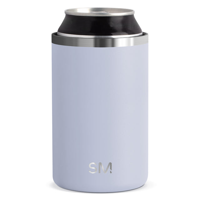 Pale periwinkle blue can cooler with metallic silvery-gray accents on the top and middle sections Pale periwinkle blue can cooler with metallic silvery-gray accents on the top and middle sections