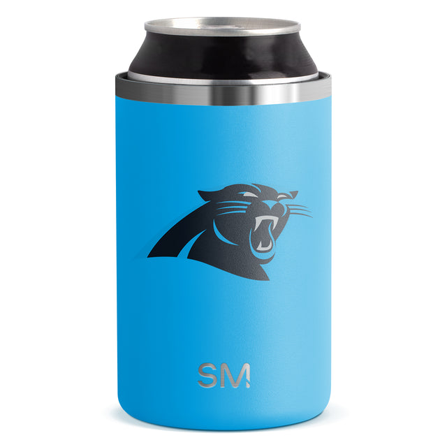 Sky blue insulated can cooler with brushed stainless steel bands on white background Sky blue insulated can cooler with brushed stainless steel bands on white background