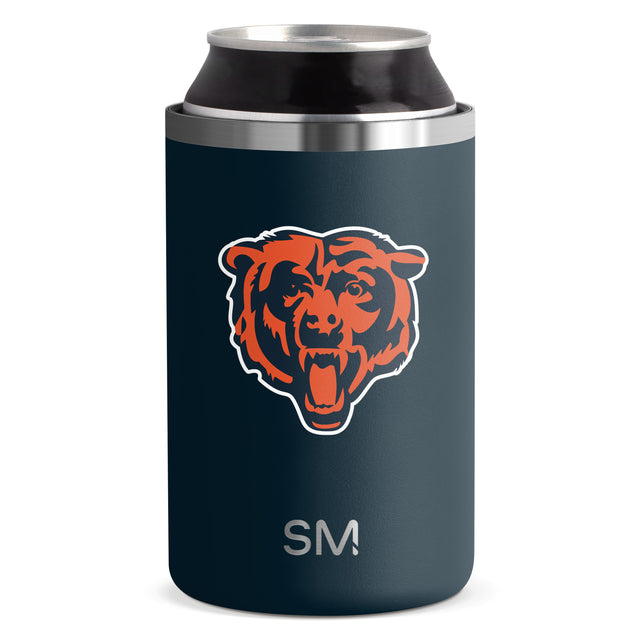 Deep teal can sleeve with bright orange-red bear logo and metallic silver trim bands. Deep teal can sleeve with bright orange-red bear logo and metallic silver trim bands.