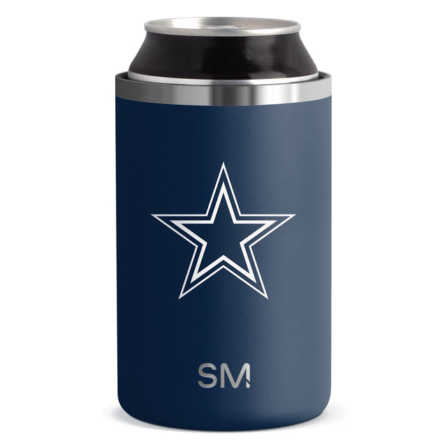 Navy blue can cooler with brushed stainless steel band around upper rim and top edge. Navy blue can cooler with brushed stainless steel band around upper rim and top edge.