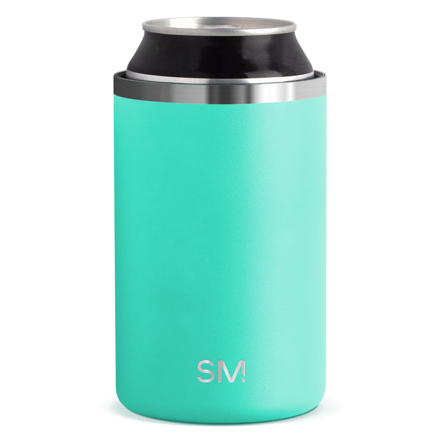 Turquoise insulated water bottle with brushed stainless steel rim and upper band, cylindrical design Turquoise insulated water bottle with brushed stainless steel rim and upper band, cylindrical design