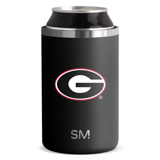 Black and charcoal gray insulated can cooler sleeve with metallic silver rim bands at top and bottom Black and charcoal gray insulated can cooler sleeve with metallic silver rim bands at top and bottom