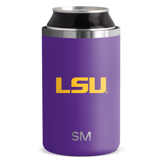 Purple beverage cooler sleeve with bright yellow text branding and metallic silver accent bands around the rim. Purple beverage cooler sleeve with bright yellow text branding and metallic silver accent bands around the rim.