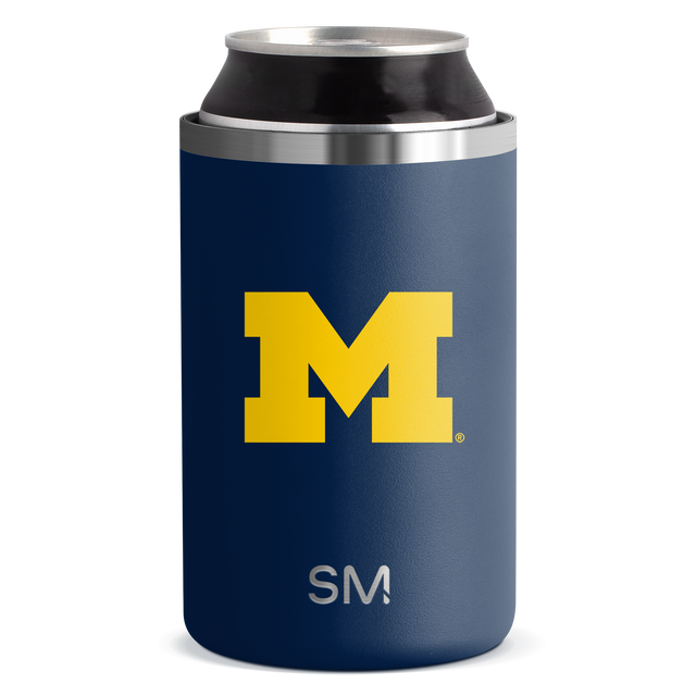 Navy blue stainless steel can cooler with brushed metal rim on white background Navy blue stainless steel can cooler with brushed metal rim on white background
