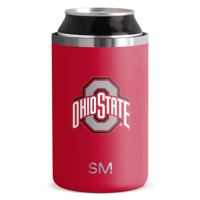 Red and coral can cooler with stainless steel silver rim and band, cylindrical design for holding cans. Red and coral can cooler with stainless steel silver rim and band, cylindrical design for holding cans.