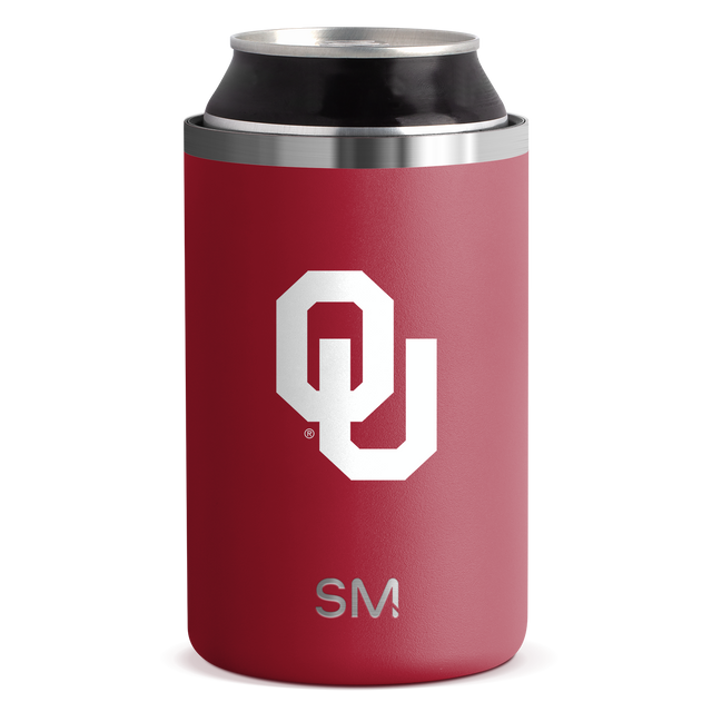 Crimson red can cooler with brushed stainless steel rim featuring Oklahoma design elements Crimson red can cooler with brushed stainless steel rim featuring Oklahoma design elements