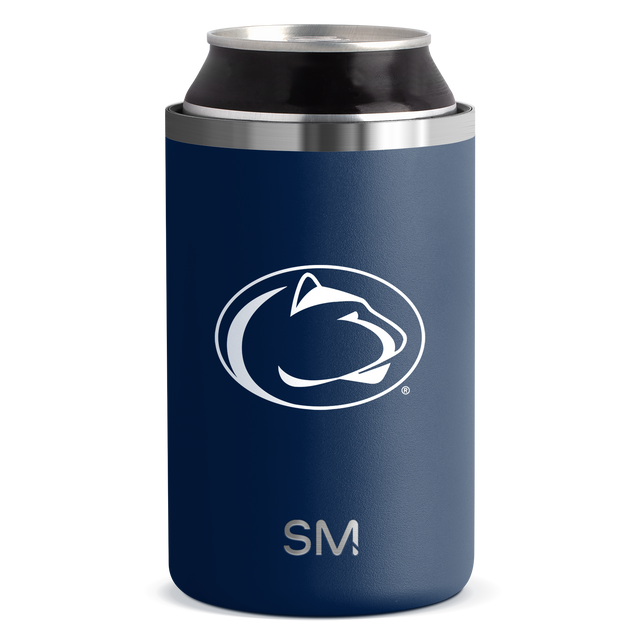 Navy blue cylindrical can cooler with brushed stainless steel bands around the top Navy blue cylindrical can cooler with brushed stainless steel bands around the top