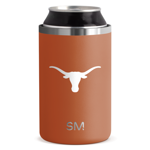 Terracotta-orange can cooler with metallic silver and brushed aluminum accents on the rim and band Terracotta-orange can cooler with metallic silver and brushed aluminum accents on the rim and band