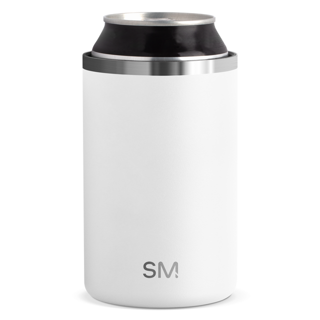 White cylindrical vessel with brushed stainless steel rim and band, clean minimalist design on white background White cylindrical vessel with brushed stainless steel rim and band, clean minimalist design on white background