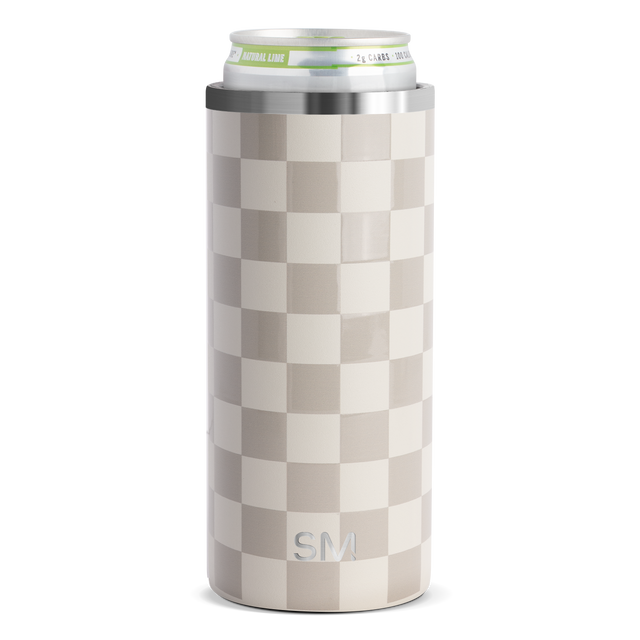 Tall cylindrical beverage can insulator with alternating taupe and cream white checkerboard pattern wrapping around the entire surface. Tall cylindrical beverage can insulator with alternating taupe and cream white checkerboard pattern wrapping around the entire surface.