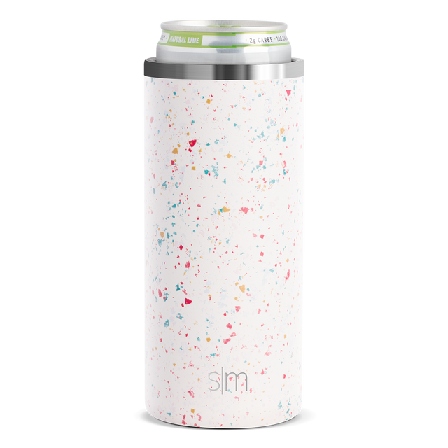 White can cooler with colorful confetti-style speckles in hot pink, coral red, teal blue, golden yellow, and orange throughout the design. White can cooler with colorful confetti-style speckles in hot pink, coral red, teal blue, golden yellow, and orange throughout the design.