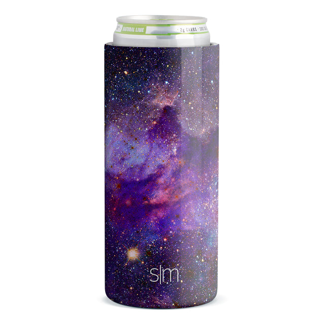 Cosmic purple and navy blue can cooler with golden, orange, and pink accents transitioning across the design Cosmic purple and navy blue can cooler with golden, orange, and pink accents transitioning across the design