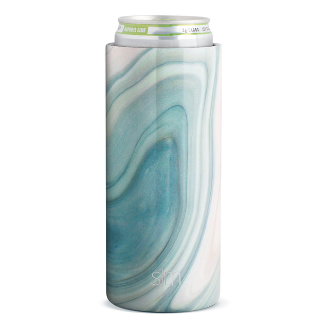 Cream and white marble-patterned can cooler with swirled pale blue and teal blue waves throughout Cream and white marble-patterned can cooler with swirled pale blue and teal blue waves throughout