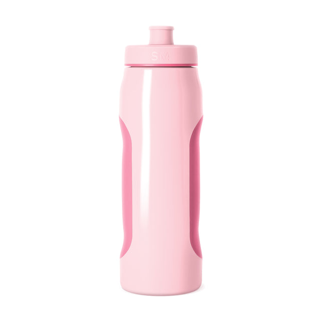 Light pink squeeze bottle with hot pink contoured grip sections on sides and matching cap Light pink squeeze bottle with hot pink contoured grip sections on sides and matching cap