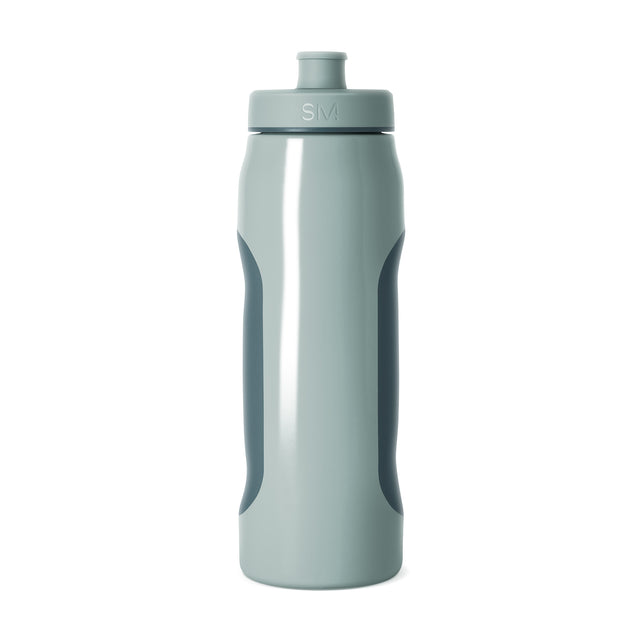 Sage green water bottle with mint-green vertical stripe on front and teal-green curved accent panels on sides Sage green water bottle with mint-green vertical stripe on front and teal-green curved accent panels on sides