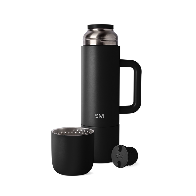 Black and metallic silver matte thermos bottle with detachable infuser, handle, and base cup Black and metallic silver matte thermos bottle with detachable infuser, handle, and base cup
