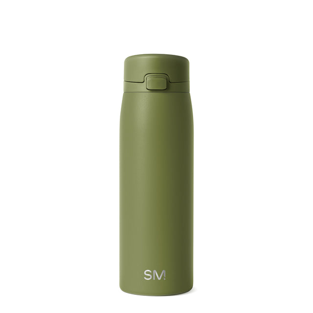 Sage green insulated water bottle with cylindrical shape and tapered top on white background Sage green insulated water bottle with cylindrical shape and tapered top on white background