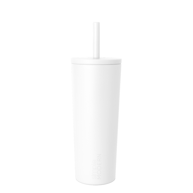 White insulated tumbler with integrated straw and flat lid on white background White insulated tumbler with integrated straw and flat lid on white background