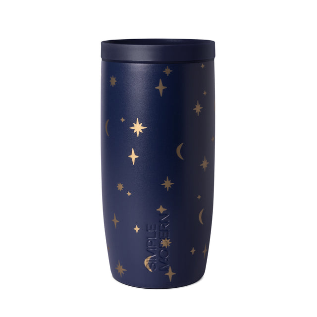Navy blue hydration bottle with gold metallic accents, modern signature design, cylindrical tumbler shape with sleek finish. Navy blue hydration bottle with gold metallic accents, modern signature design, cylindrical tumbler shape with sleek finish.