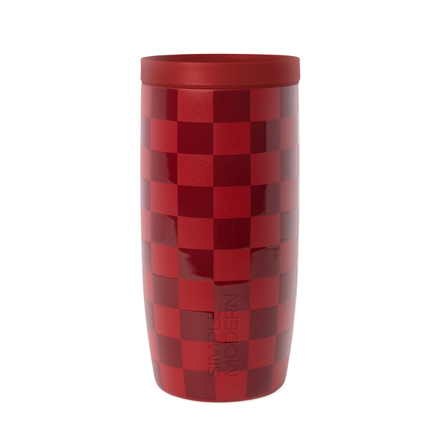 Red and burgundy checkerboard patterned drinkware with matching lid Red and burgundy checkerboard patterned drinkware with matching lid