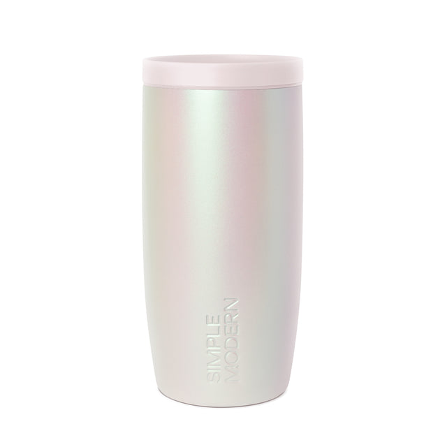 Iridescent tumbler with pale pink, cream, and white color shifting finish, modern signature drinkware design in soft matte surface Iridescent tumbler with pale pink, cream, and white color shifting finish, modern signature drinkware design in soft matte surface