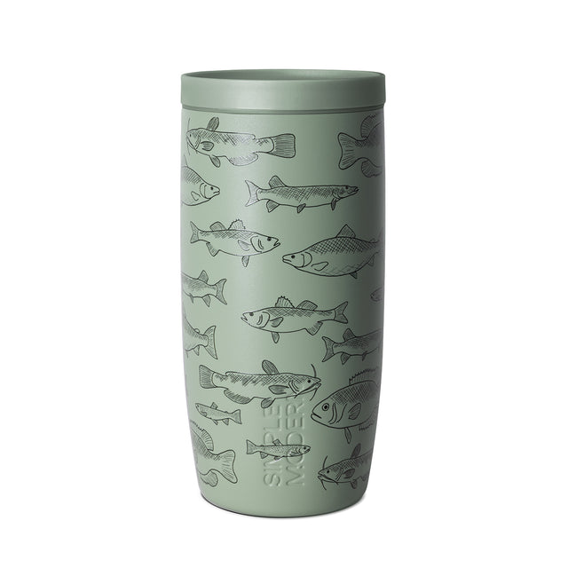 Cylindrical vessel with soft sage green surface and black line art illustrations Cylindrical vessel with soft sage green surface and black line art illustrations