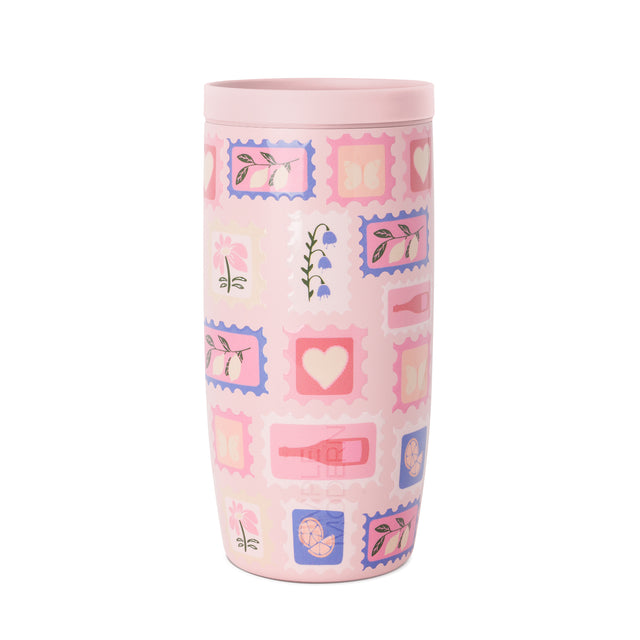 Pale pink tumbler with periwinkle blue, hot pink, cream, and coral decorative accents and matching lid Pale pink tumbler with periwinkle blue, hot pink, cream, and coral decorative accents and matching lid