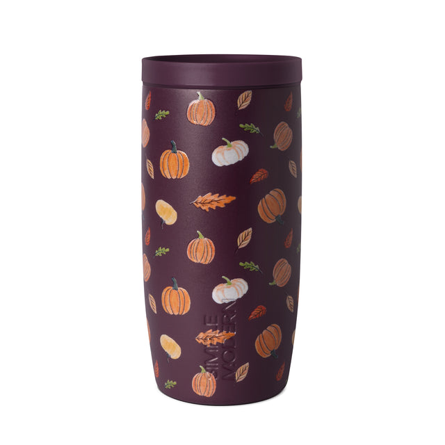 Dark plum cylindrical insulated tumbler with autumn-themed print featuring scattered warm-colored illustrations on white background Dark plum cylindrical insulated tumbler with autumn-themed print featuring scattered warm-colored illustrations on white background