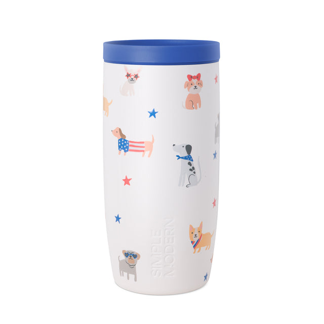 White tumbler with bright blue lid featuring coral red, navy blue, tan, and gray printed pattern accents White tumbler with bright blue lid featuring coral red, navy blue, tan, and gray printed pattern accents