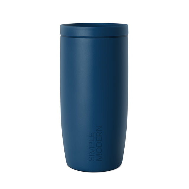 Matte slate blue cylindrical tumbler with matching fitted lid, sleek minimalist design Matte slate blue cylindrical tumbler with matching fitted lid, sleek minimalist design