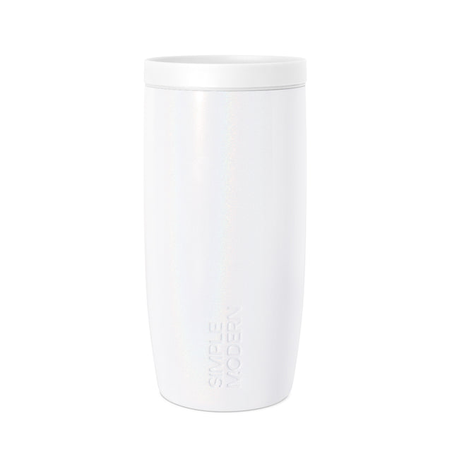 White cylindrical tumbler with tapered sides on white background. Modern minimalist design featuring smooth, sleek profile. Product photography showing drinkware vessel from front angle. White cylindrical tumbler with tapered sides on white background. Modern minimalist design featuring smooth, sleek profile. Product photography showing drinkware vessel from front angle.