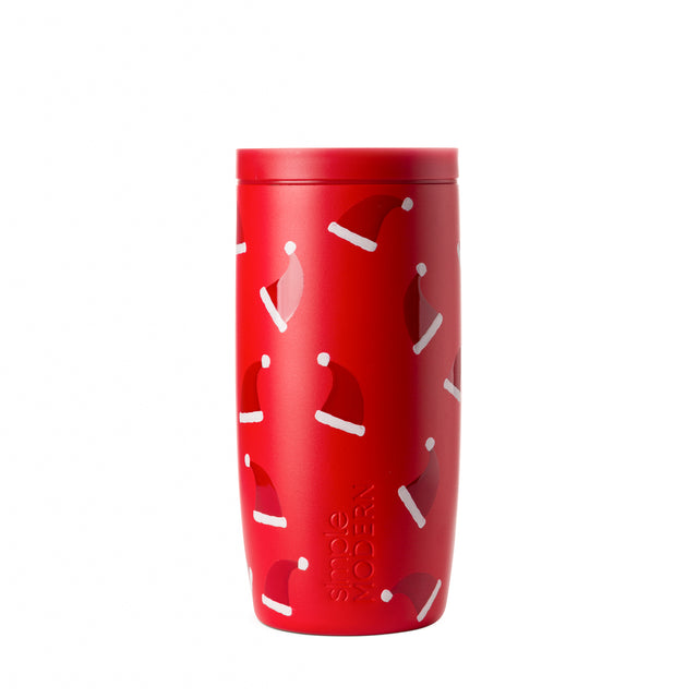 Red and white insulated tumbler with light gray geometric pattern accents, displayed against white background Red and white insulated tumbler with light gray geometric pattern accents, displayed against white background