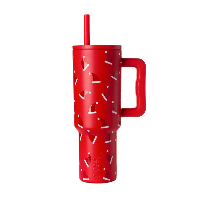 Red tumbler with white accents and matching straw, front view Red tumbler with white accents and matching straw, front view