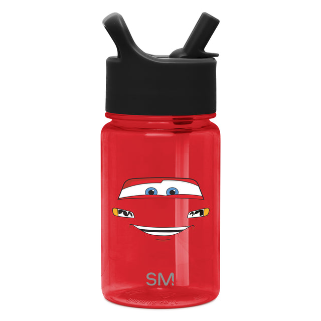 Red water bottle with black dual spout lid and handles, front view Red water bottle with black dual spout lid and handles, front view
