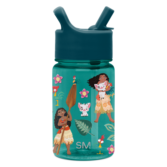 Turquoise kids water bottle with dual-handle cap and illustrated graphics on front Turquoise kids water bottle with dual-handle cap and illustrated graphics on front