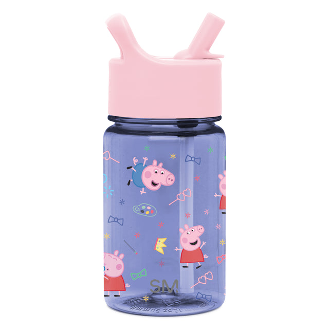Periwinkle blue translucent plastic water bottle with soft pink silicone top cap and straw handles Periwinkle blue translucent plastic water bottle with soft pink silicone top cap and straw handles